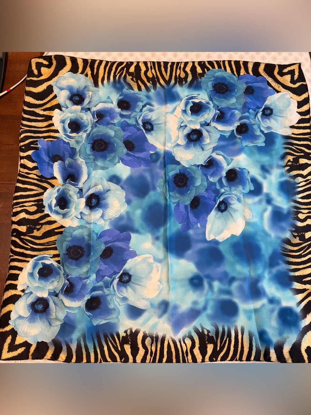 Roberto Cavalli Blue Floral and Zebra Print Silk Scarf